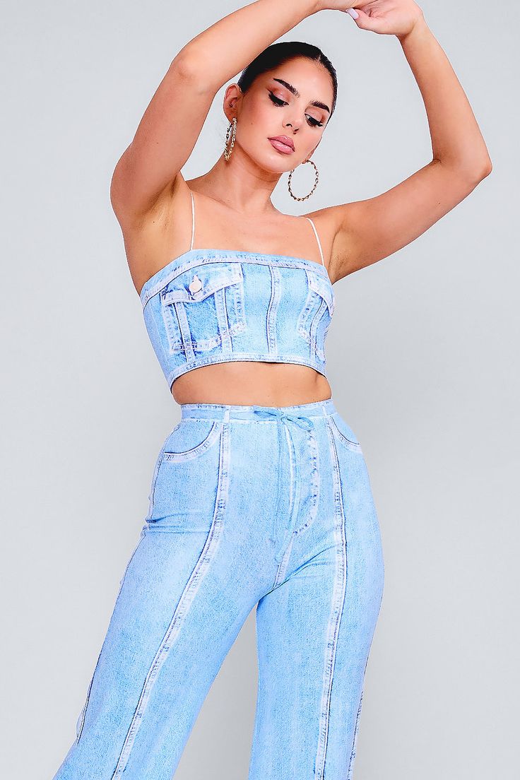 Description Denim print crop top and wide pants set Top with elastic strap High waist pants with flexible elastic waistband Side Pockets Detail 95% POLYESTER / 5% SPANDEX IMPORTED Size & Fit The model is 5'7" and wearing a size Small High Rise Stretch Crop Top For Spring, Spring High Rise Stretch Crop Top, Stretch Denim Cropped Pants, Spring Fitted Crop Top With Elastic Waistband, Fitted Crop Top With Elastic Waistband For Spring, Stretch Denim Blue Crop Top For Summer, Blue Cropped Pants For Summer, Spring Cropped Stretch Pants, Casual Stretch Cropped Sets