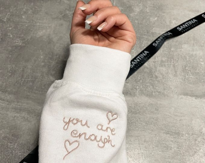 You Are Enough Motivational Sweatshirt Writing on Sleeve - Etsy Crew Neck Sweaters, Hoodie Quotes, Embroidery Hoodie, Own Quotes, Sweatshirt Cute, Personalized Clothes, You Are Enough, Personalized Hoodies, Embroidered Hoodie