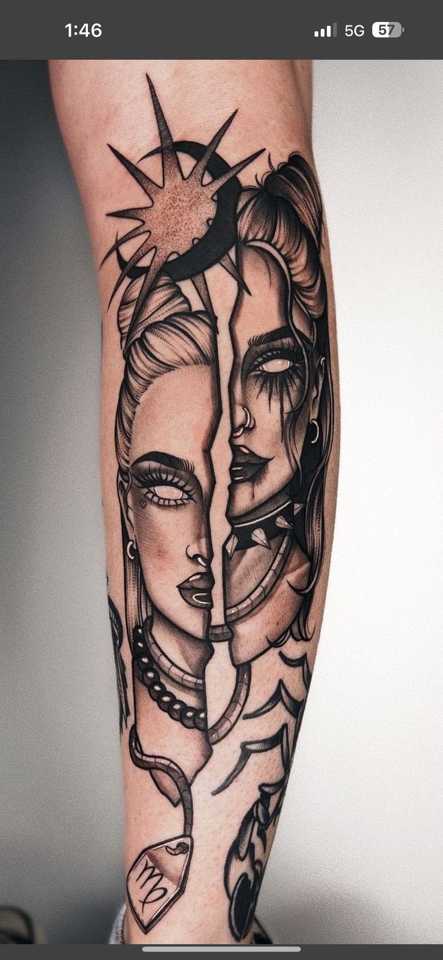 a woman's leg with tattoos on it and the image of two women behind her