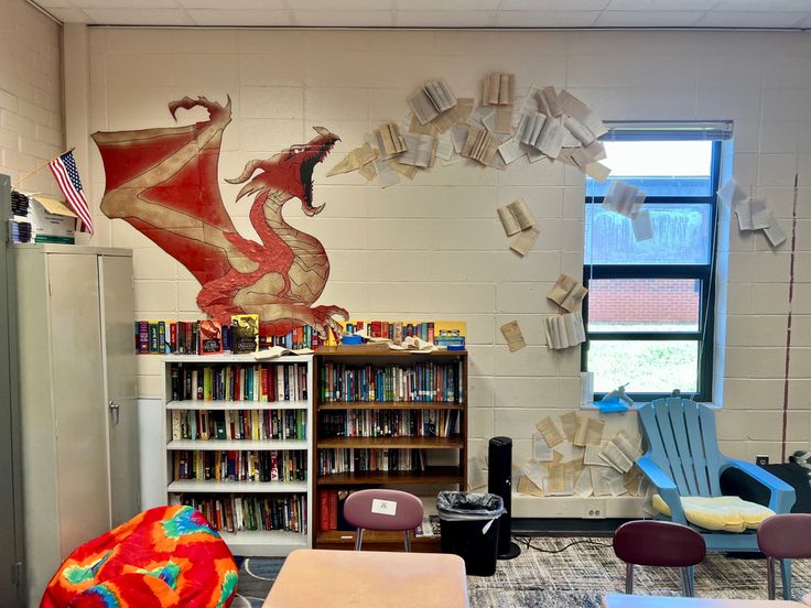 a room filled with lots of books and chairs next to a book shelf full of books