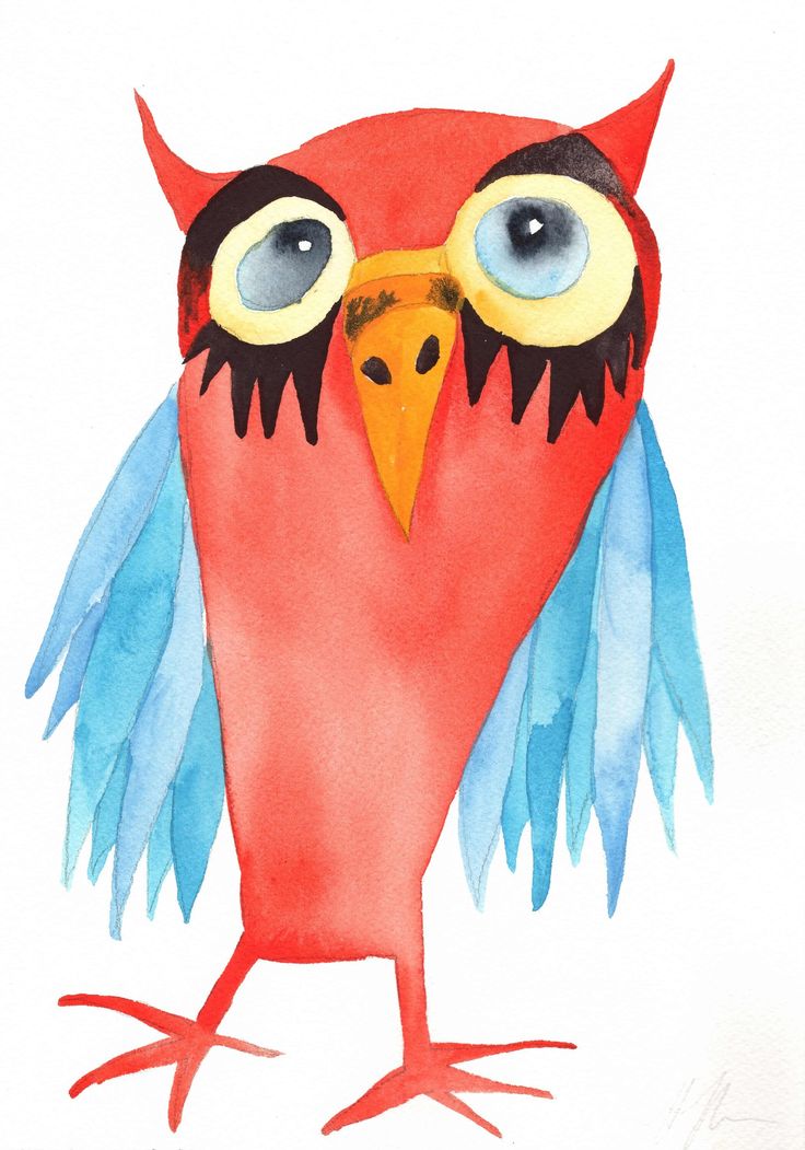 an owl with blue and red wings is shown in this watercolor painting by artist susan gr