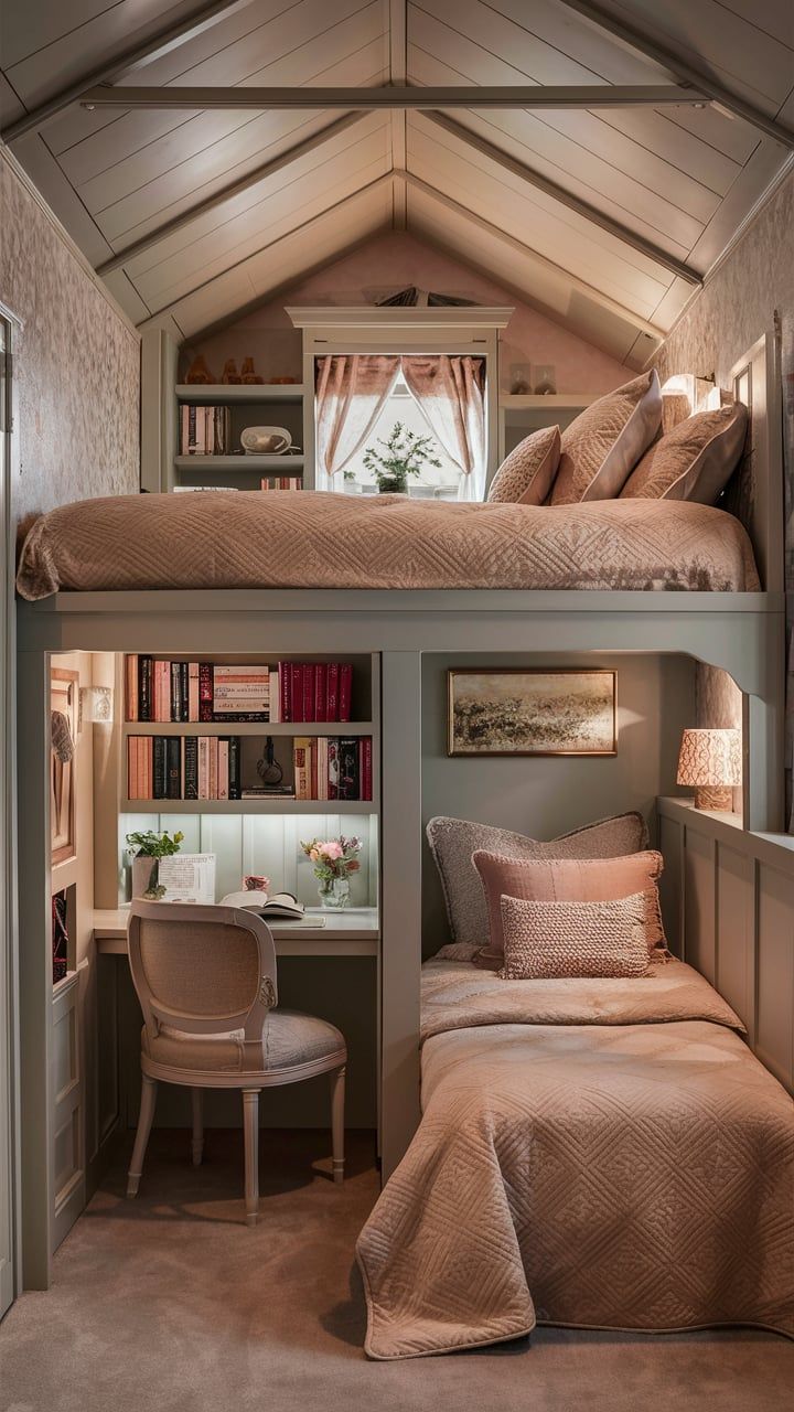 a bedroom with bunk beds and desks in the corner, along with bookshelves