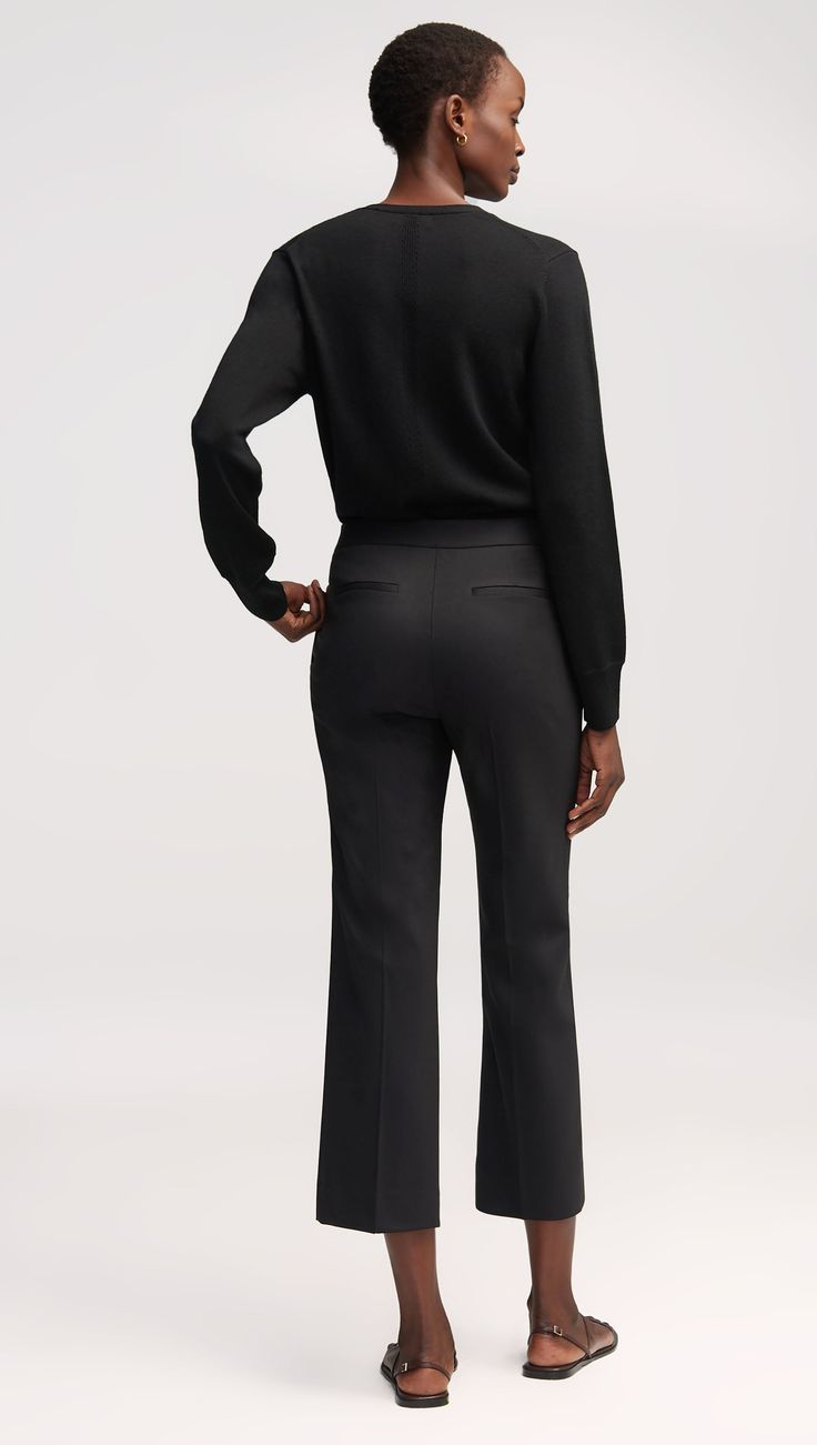 Made of seasonless Italian wool, this versatile pant fits slim through the thigh with a subtle flare and ankle length inseam. Functional details include an exterior credit card pocket, side pockets, and back welt pockets. Pairs well with the Piped Blazer or a casual top. Chic Straight Leg Career Dress Pants, Chic Straight Leg Dress Pants For Career, Chic Career Pants For Fall, Sleek Fall Pants With Straight Hem, Elegant Career Pants With Straight Leg, Elegant Straight Leg Career Pants, Elegant Straight Leg Pants For Career, Chic Fall Career Bottoms, Elegant Straight Dress Pants With Button Cuffs