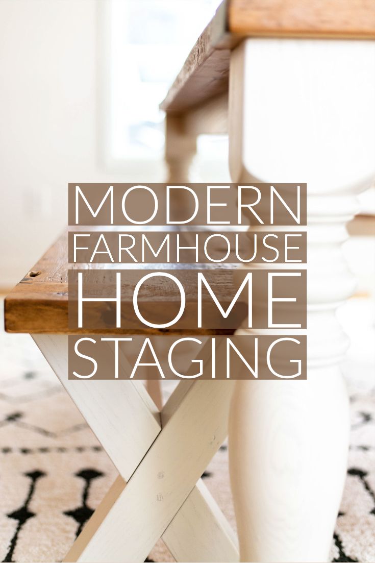 the modern farmhouse house home staging is featured in this postcard style photo with text overlay