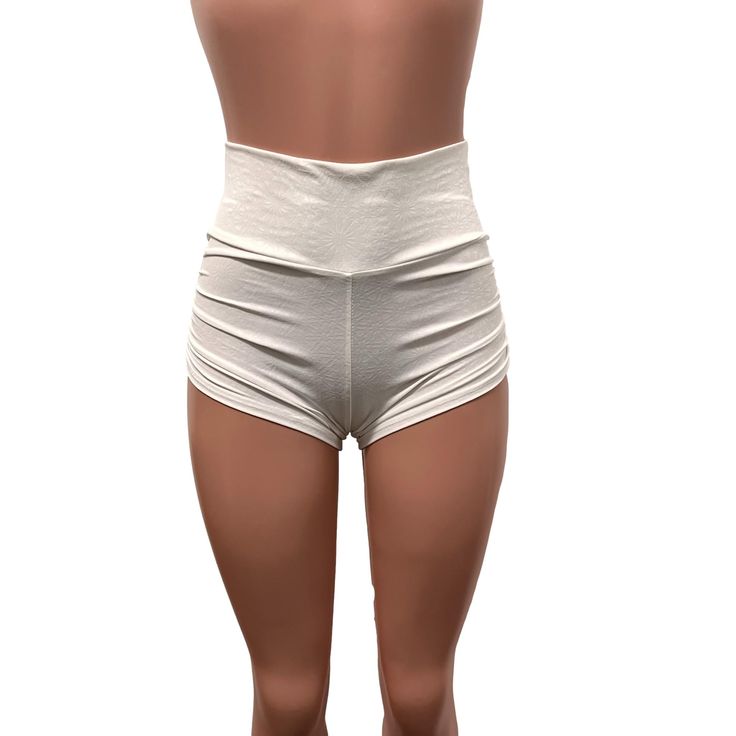 Sexier and more flattering! Our classic booty shorts made in white embossed mandala (textured) spandex with ruching on each side. Made to flatter your figure and move with you. The standard inseam is 2.5" - but can be customized. Choose between low-rise, mid-rise and high-waist (high-waist shown in photos). Please note - white fabrics are always a little sheer. Stretch Ruched Workout Bottoms, Stretch Workout Bottoms With Ruched Detail, Sculpting Yoga Bottoms With Contoured Waistband, White Ruched High-waist Bottoms, Sculpting Yoga Bottoms, High Stretch High Waist White Shorts, High Stretch Summer Shorts With Contoured Waistband, High Waist High Stretch White Shorts, Elastic High Waist Shorts