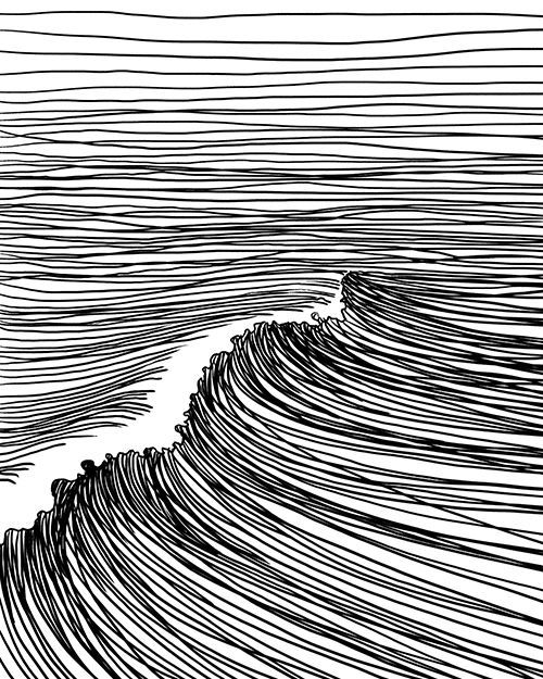 an ink drawing of a wave in black and white, with lines coming from it