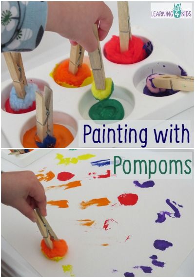 two pictures of children's hands painting with popsicle sticks and watercolors