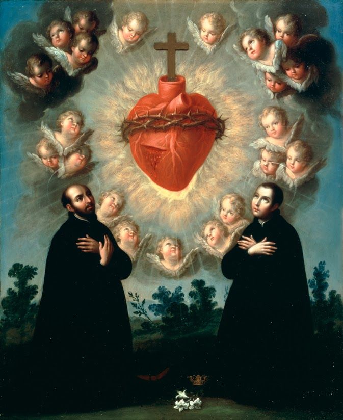 an image of two men standing in front of a heart with angels surrounding them and the cross