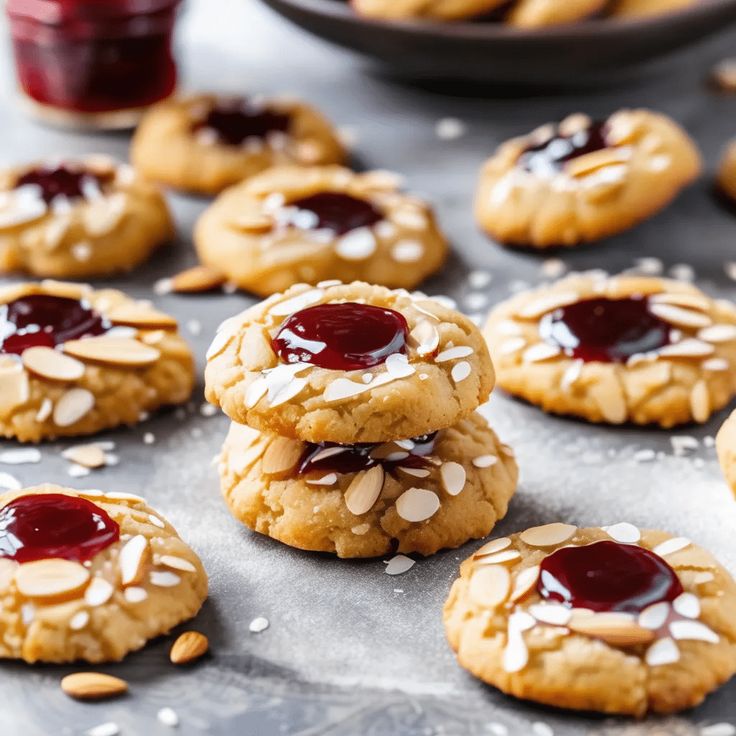 cookies with almonds and jelly on a baking sheet