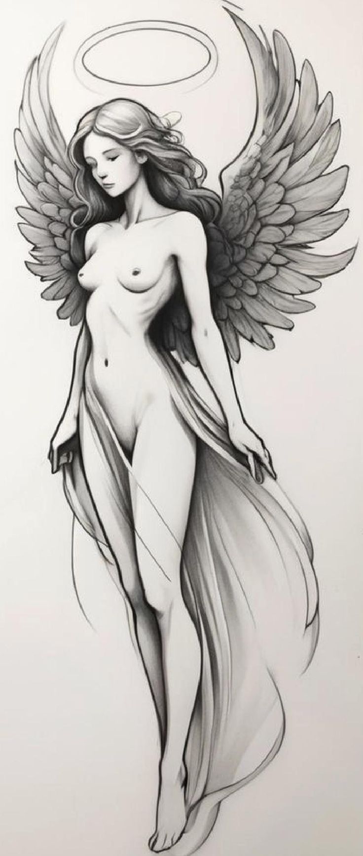 a drawing of a naked woman with angel wings