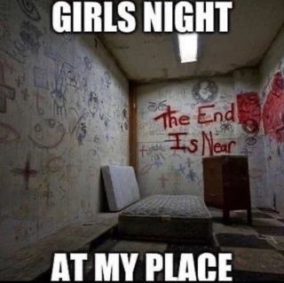 an empty room with graffiti on the walls and a bed in the middle that says girls night at my place