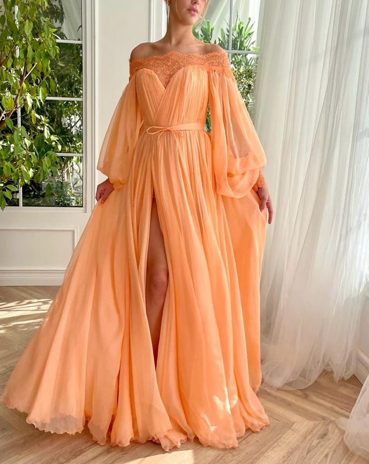 Melon Oasis Off-Shoulder Gown | Teuta Matoshi Teuta Matoshi, Orange Chiffon, Long Party Dress, Off Shoulder Gown, Long Evening Dresses, Clothing Aesthetic, Night Dresses, Custom Size Dresses, Formal Dresses For Women