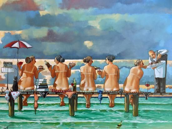 a painting of people standing on a pier in the water