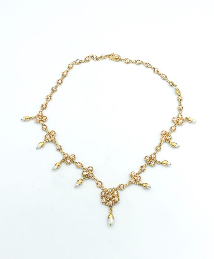 "An absolutely stunning Victorian era necklace (circa 1860) made of 18k yellow gold with baroque pearls and seed pearls of a silvery cream color. Crafted by hand over 100 years ago! Amazing quality and detail! Necklace weighs 33 grams. 18\" length. Excellent condition. Free shipping to the U.S." Baroque Pearl Pendant Necklace For Formal Occasions, Exquisite Gold Pearl Necklaces, Exquisite Gold Necklaces With Pearl Chain, Elegant 22k Gold Kundan Necklace For Ceremonial Occasions, Elegant 22k Gold Kundan Necklace For Ceremonies, Antique Pearl Pendant Necklace For Formal Occasions, Elegant Rose Cut Diamond Necklaces For Jewelry Making, Gold Bridal Necklace With Akoya Pearl Pendant, Gold Kundan Necklace With Pearl Drop For Formal Occasions