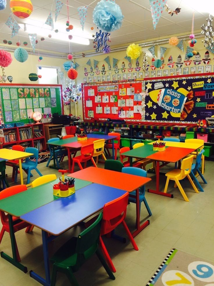 a classroom filled with lots of colorful tables and chairs