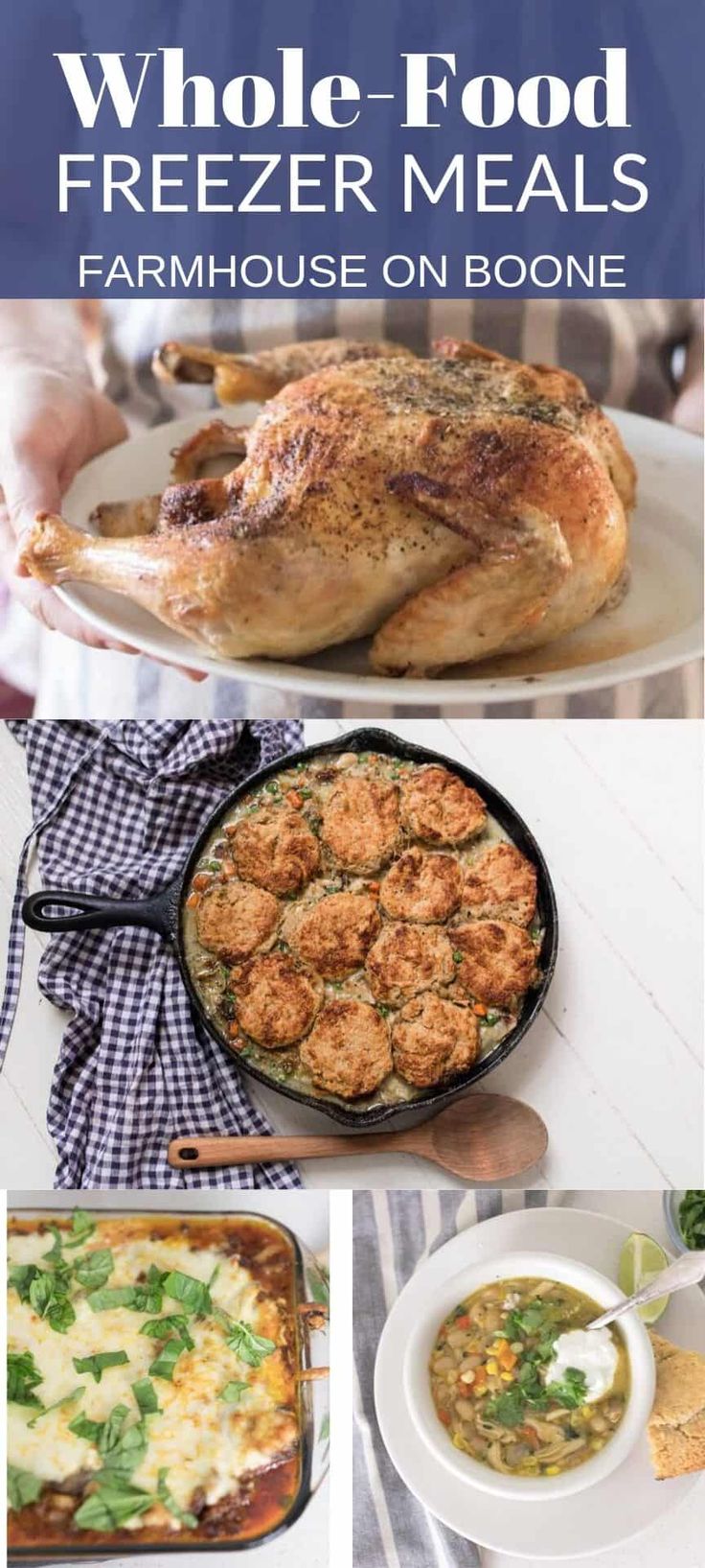 whole food freezer meals are shown in this collage