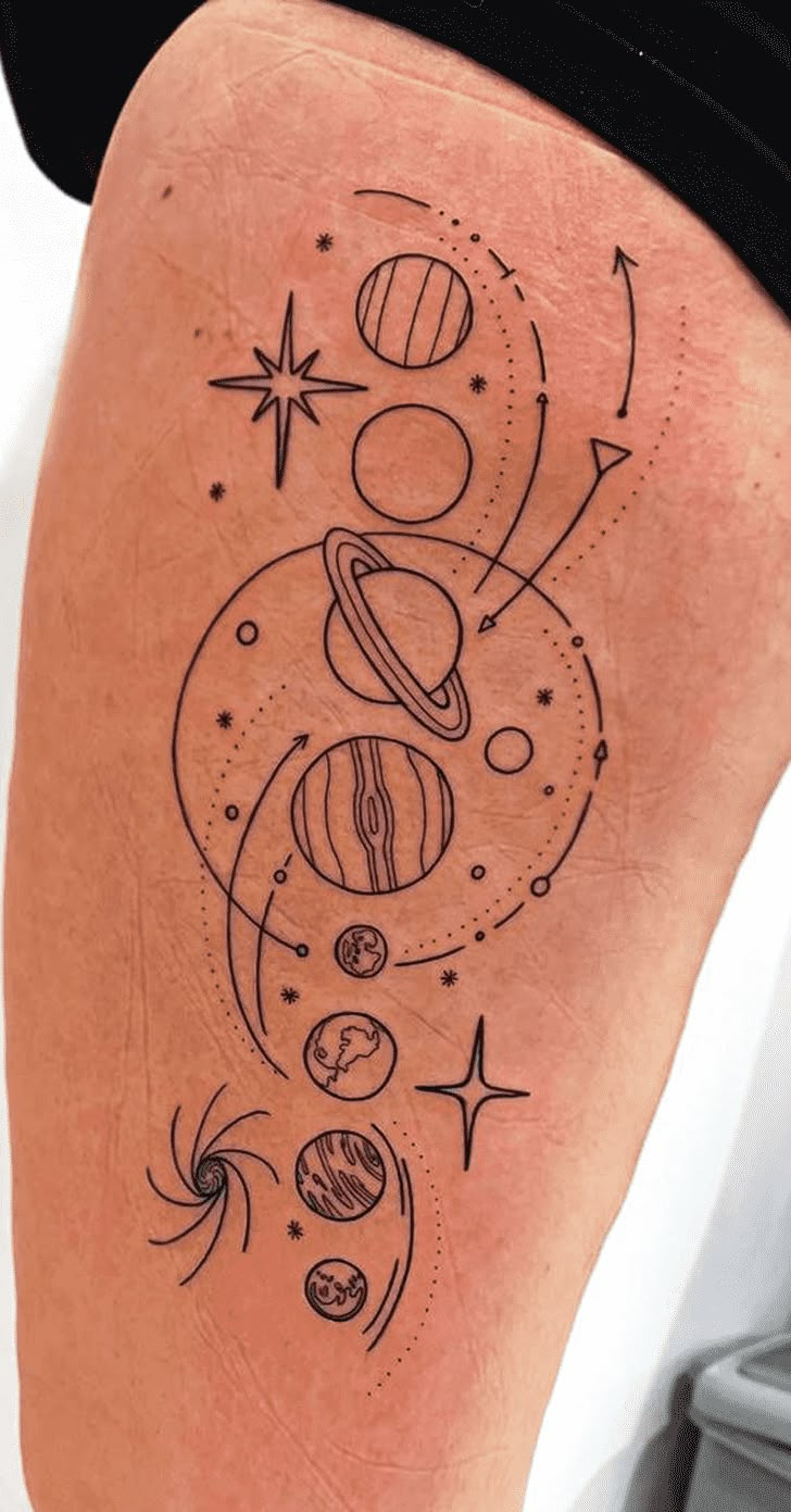 a woman's thigh with an image of planets and stars on it