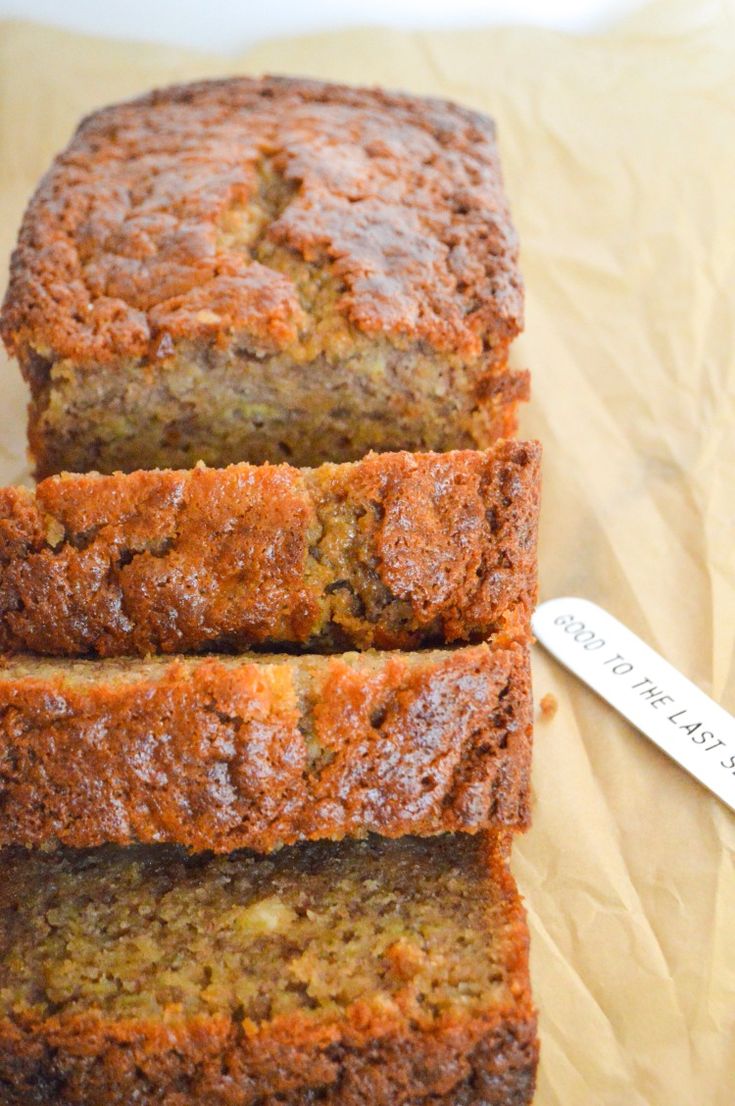 three slices of banana bread sitting on top of each other