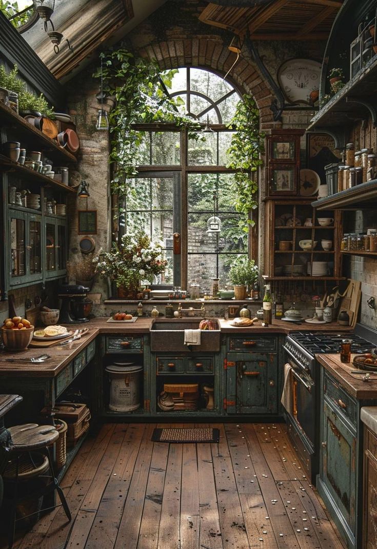 an old fashioned kitchen with wooden floors and green cabinets, surrounded by ivy growing on the windows