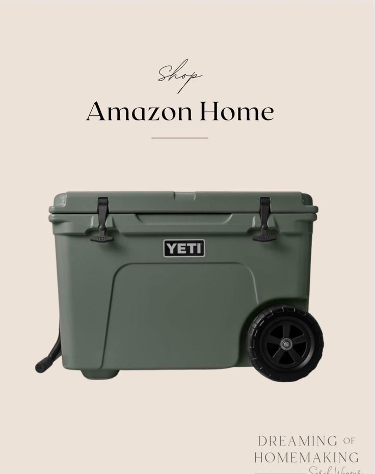 an advertisement for the yeti ice chest cooler with wheels and handles on it, in front of a beige background