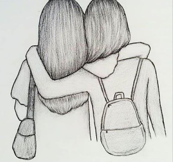 two girls hugging each other with their back to the camera, one holding her backpack