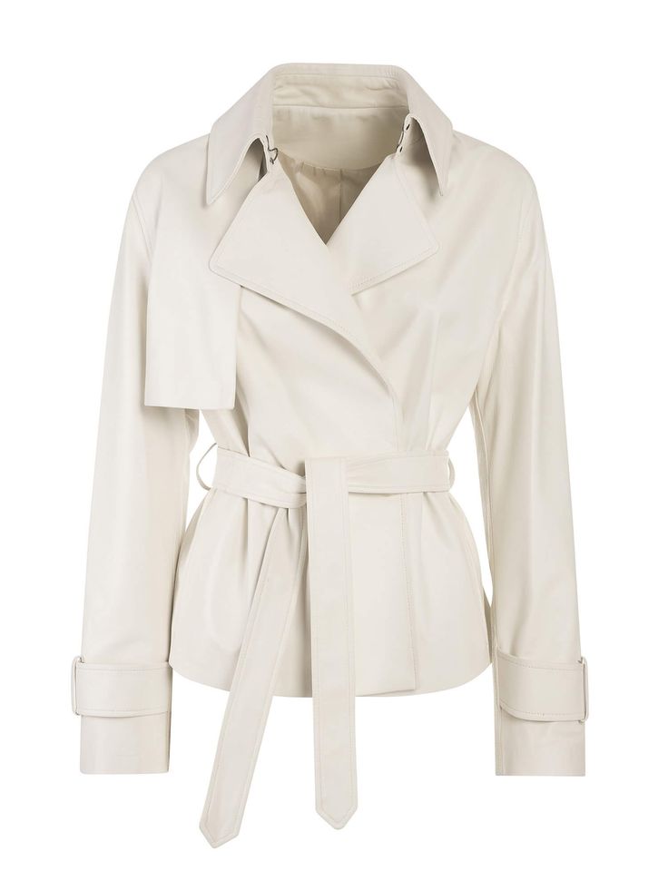 Simplicity and elegance in a single Daisy Italian Lambskin Leather Jacket. An iconic heritage piece is given a contemporary touch, ready to wear in all seasons. With a tailored but relaxed cut, it manages to accentuate the waist with a belt. Chic Outerwear With Self Belt For Work, Elegant Beige Outerwear With Self Belt, Chic Outerwear With Belt Detail For Work, Spring Leather Jacket With Belted Cuffs, Spring Leather Jacket With Belted Cuffs And Long Sleeves, Chic Double-breasted Outerwear With Self Belt, Classic Outerwear With Self Belt For Office, Chic Leather Jacket With Belted Cuffs, Chic Belted Outerwear For Spring