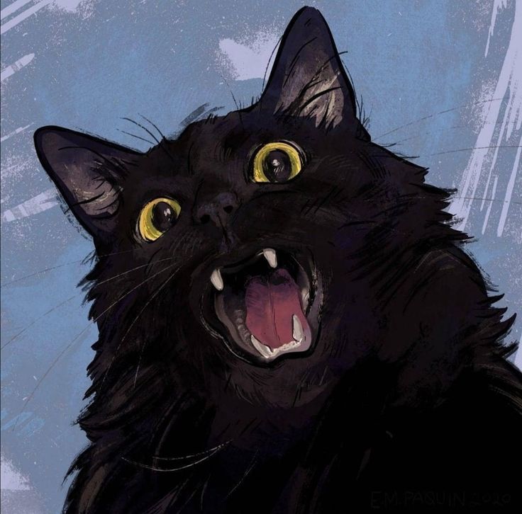 a black cat with its mouth open and yellow eyes