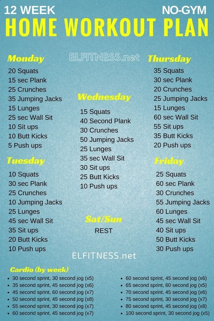 a blue and yellow poster with the words home workout plan