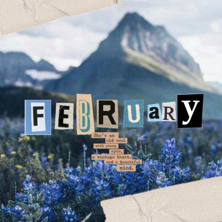 the word february spelled with wooden blocks in front of mountains and blue wildflowers