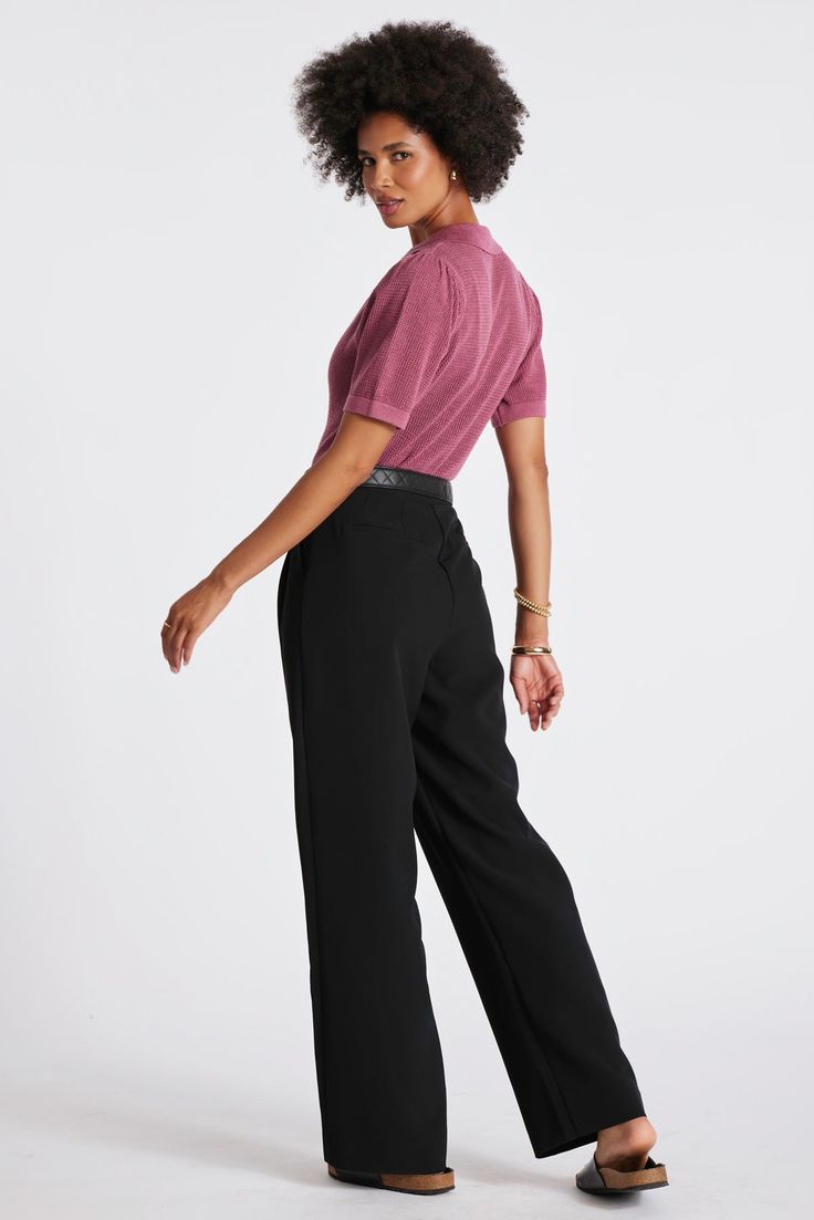 The Madison Pant offers a relaxed-meets-refined sensibility with its high-waisted silhouette, finished with elongating pleats at the waist. Pair it with an easy sweater or its matching Madison Vest for a chic set moment. K4EPW2784A-BLK Chic Wide Leg Pants With Ribbed Waistband For Fall, Relaxed Fit Bottoms With Ribbed Waistband For Work, Fall Workwear Bottoms With Ribbed Waistband, High-waisted Workwear Bottoms With Ribbed Waistband, Workwear Bottoms With Ribbed Waistband And Straight Leg, Straight Leg Workwear Bottoms With Ribbed Waistband, Workwear Straight Leg Bottoms With Ribbed Waistband, Straight Leg Bottoms With Ribbed Waistband For Work, High-waisted Pants With Ribbed Waistband For Work