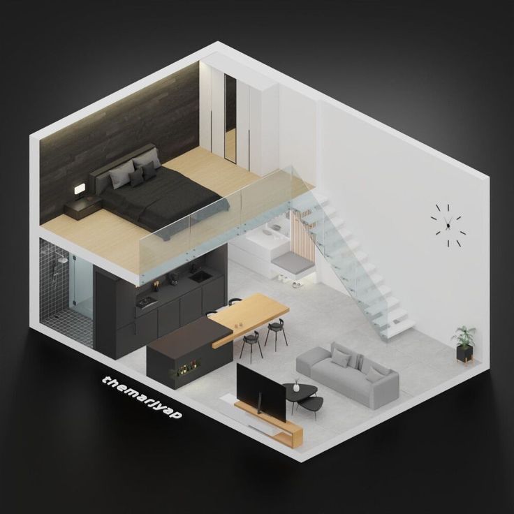 an overhead view of a living room and kitchen