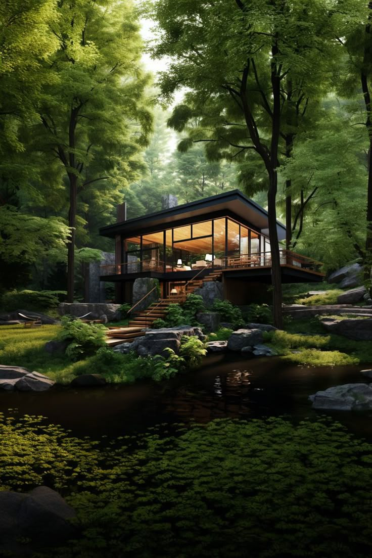 an artist's rendering of a house in the woods