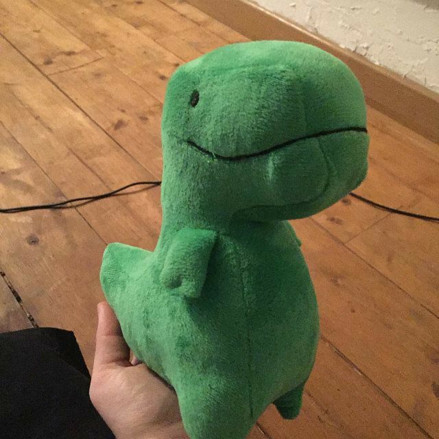 a person holding a green stuffed animal in their hand