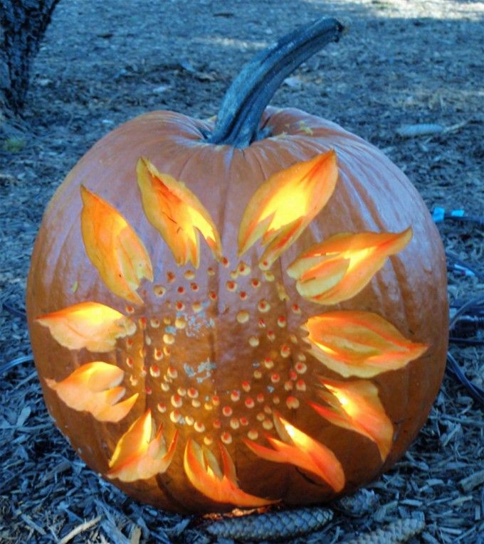 a carved pumpkin with yellow flowers on it sitting in the grass next to some leaves