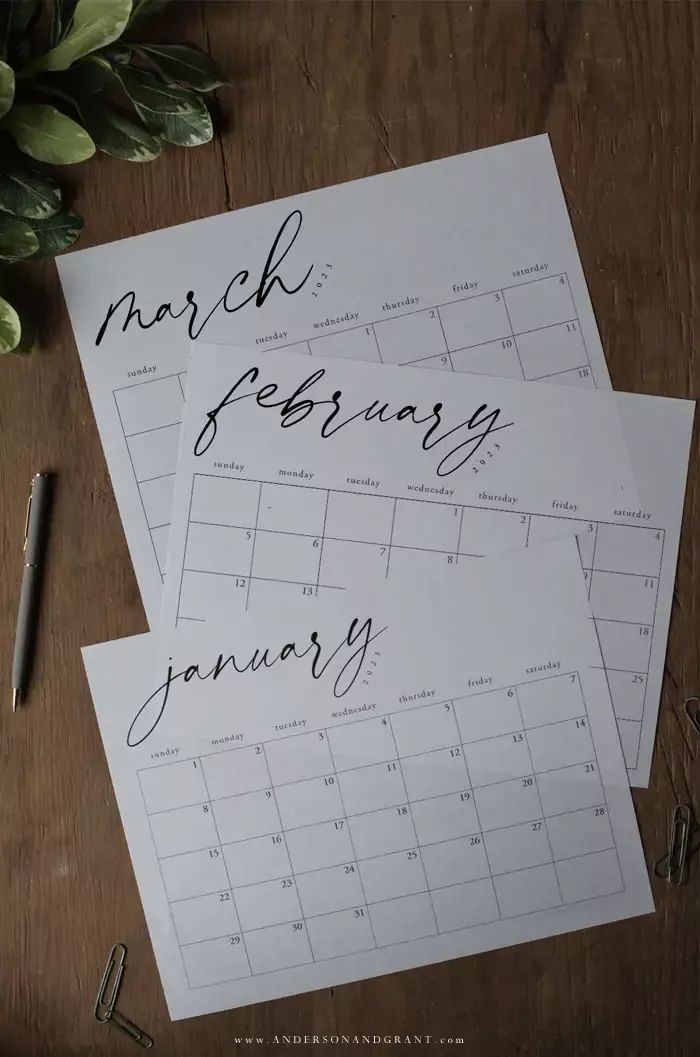 two calendars with the words march, february and january written in cursive writing