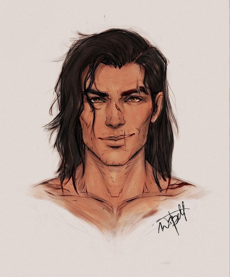 a drawing of a man with long hair and no shirt, looking at the camera