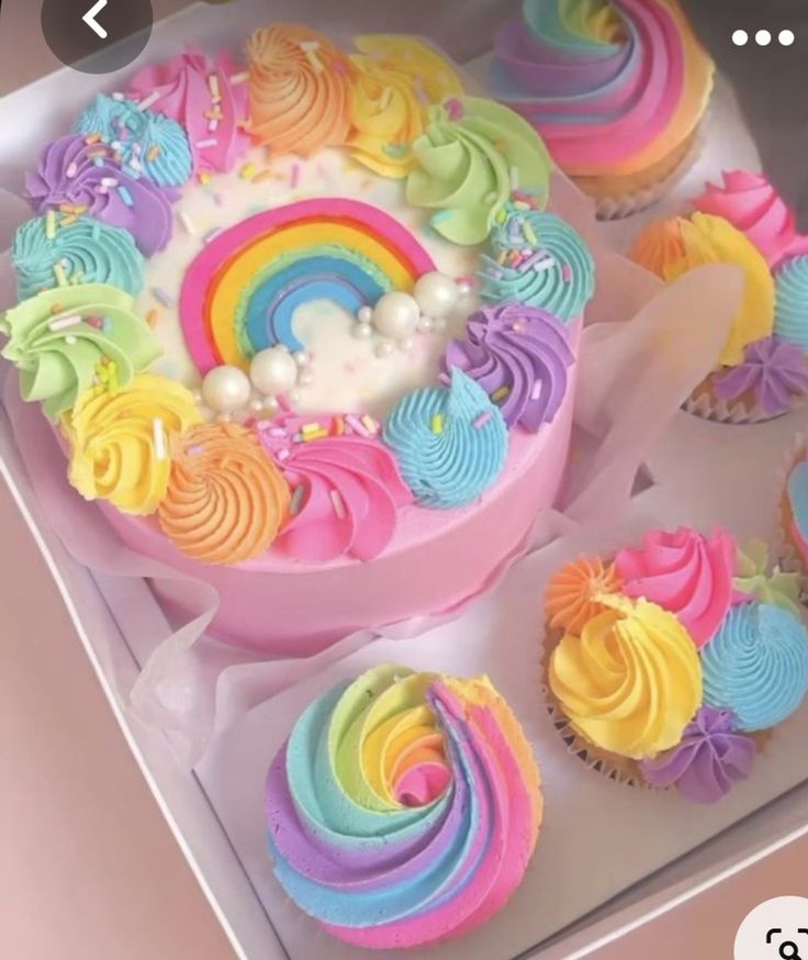 cupcakes decorated with rainbow icing in a box