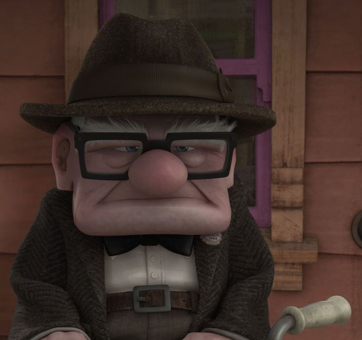 an animated man with glasses and a hat on sitting in front of a house holding a baseball bat