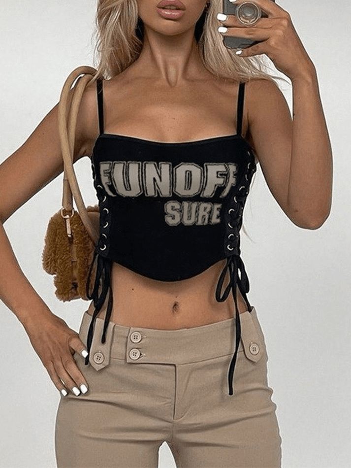 ⚡️Buy Lace Up Printed Corset Top Khaki L under $16.00 in Tops&Tees Online. Style: Sexy/Y2K/Street/Punk. Color: Black, Khaki. Fabric Content: Polyester, Spandex. Fit Type: Slim fit. Neckline: Scoop Neck. Sleeve Length: Sleeveless. Design: This corset top has a cropped length, with a letter pattern featuring an eyelet lace-up on both sides.. ✓Free Shipping on all orders over US$69. Ceo Lifestyle, Printed Corset, Open Back Crop Top, Moto Car, Street Punk, Spaghetti Strap Crop Top, Eyelet Lace, Exclusive Fashion, A Letter