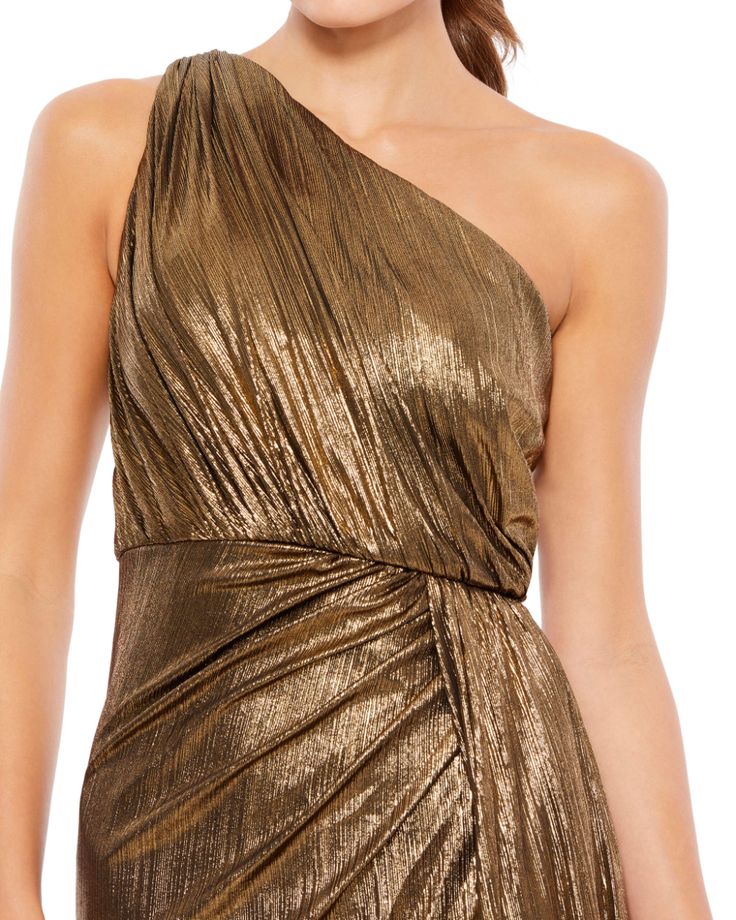 Metallic Draped One Shoulder Grecian Dress – Mac Duggal Brown Evening Dresses, Grecian Gown, High Neckline Dress, Metallic Gown, Cocktail Dress Style, Grecian Dress, Summer Bridesmaid Dresses, Drape Gowns, Prom Long