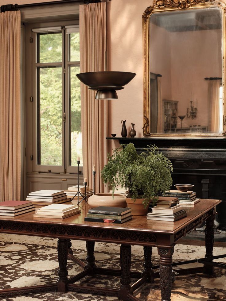 a living room with a coffee table filled with books and a potted plant sitting on top of it