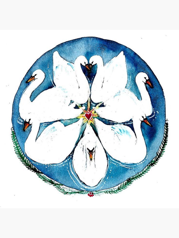 a painting of white flowers and birds on a blue plate with watercolors in the middle