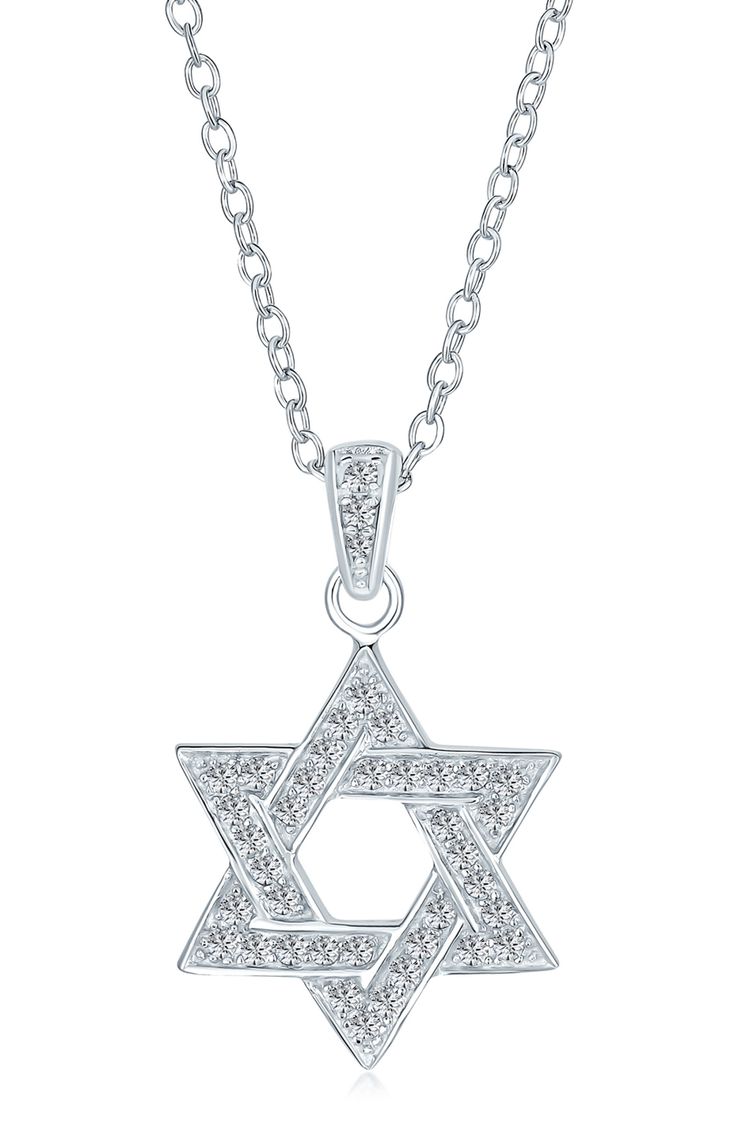 Sparkling round-cut cubic zirconia highlights a Star of David pendant suspended by a chain necklace. 16" length; 2" extender Sterling silver/cubic zirconia Imported Silver Star Of David Necklace With Adjustable Chain, Star-shaped Clavicle Chain With Cubic Zirconia, Star Of David Necklace In Cubic Zirconia As Gift, Silver Cubic Zirconia Star Of David Jewelry, White Gold Cubic Zirconia Star Of David Jewelry, Star-shaped Cubic Zirconia Necklace For Anniversary, Jewelry Star, Star Of David Pendant, Cz Necklace