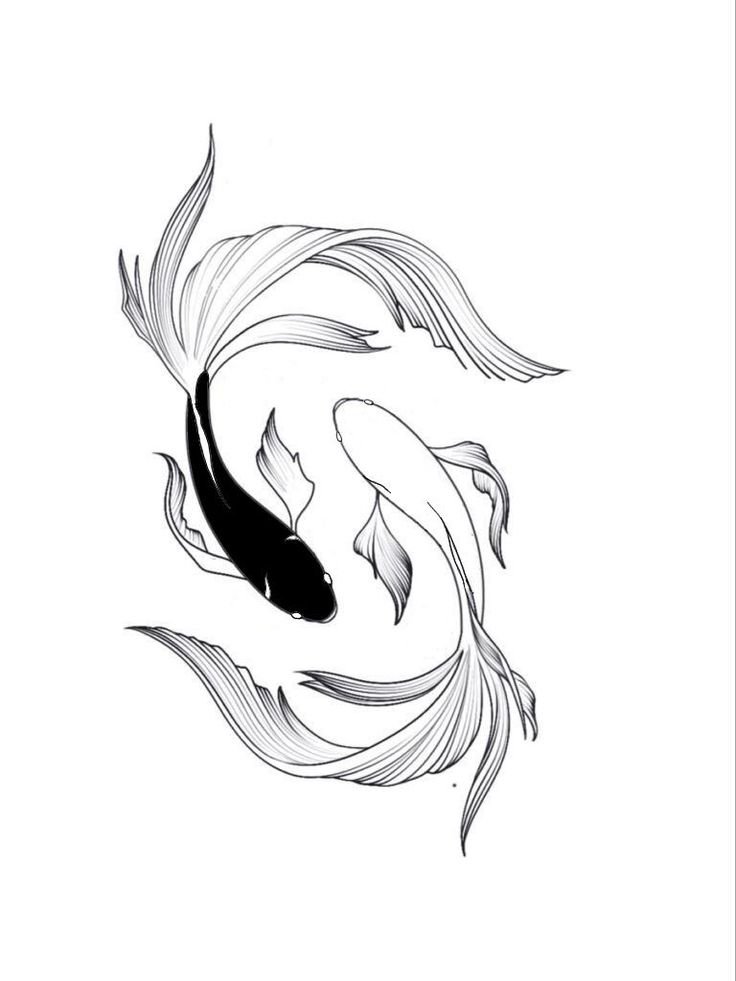 a black and white drawing of two koi fish swimming in the water with their tails curled up