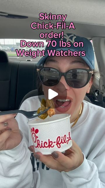 a woman eating food in the back seat of a car with text overlay saying skinnyy chick fil - a order down 70lbs on weight watchers