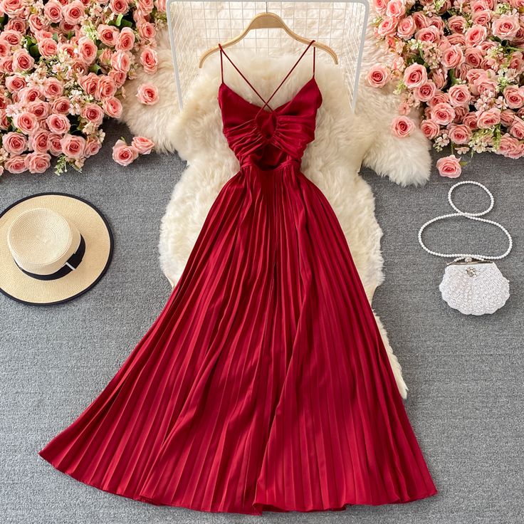 Elegant V-neck Pleated Party Dress, Elegant V-neck Pleated Dress For Party, Fit And Flare V-neck Dress With Pleated Waist, Fitted Bodice V-neck Sundress Maxi Dress, V-neck Fit And Flare Dress With Pleated Waist, A-line Dress With Ruched Bodice For Night Out, V-neck Midi Dress With Ruched Bodice For Date Night, Fitted V-neck Dress With Ruched Bodice For Party, Red V-neck Evening Dress For Summer