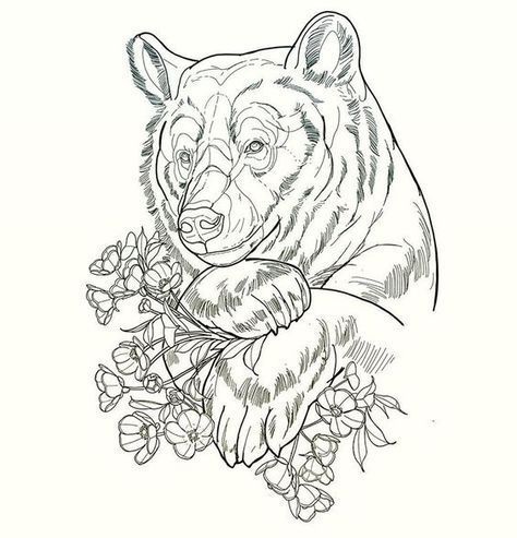 a drawing of a bear with flowers in it's paws