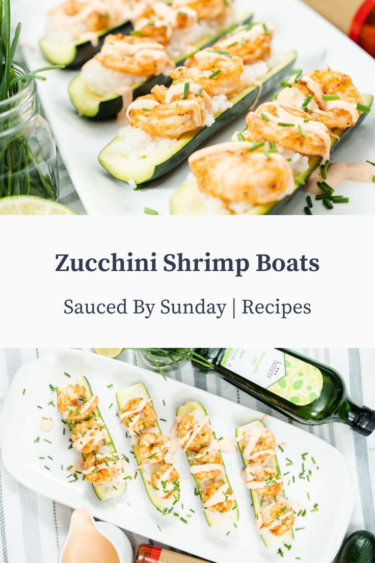 zucchini shrimp boats on a plate with cucumbers