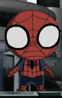 a cartoon spider man with big eyes standing in front of a building and looking at the camera