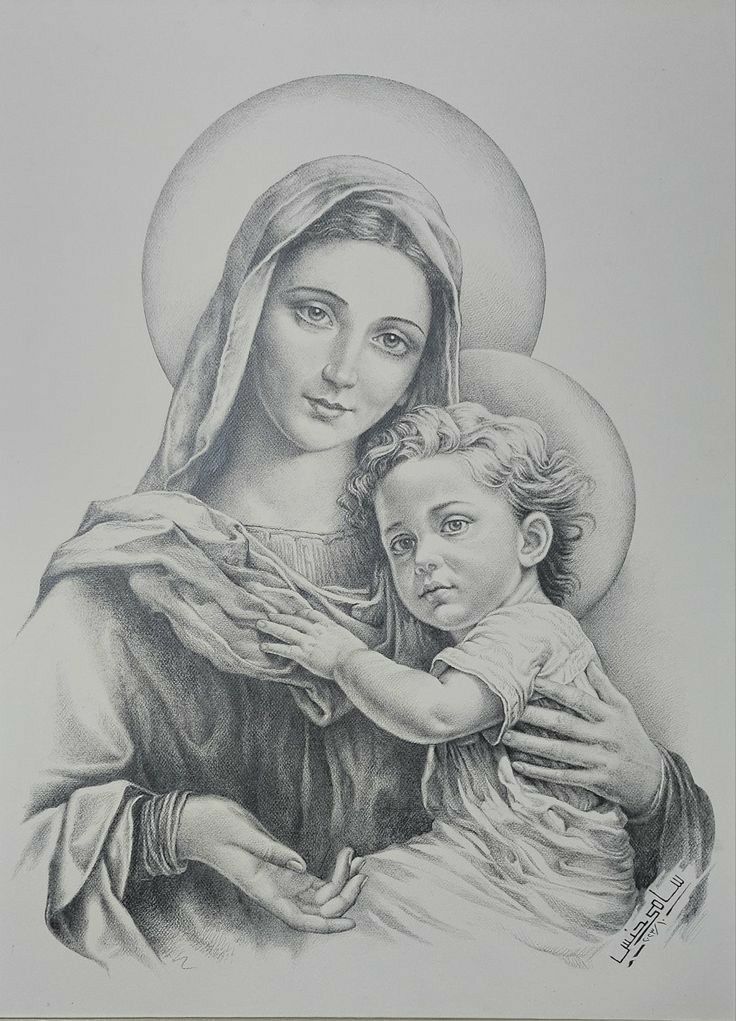 a drawing of the virgin mary holding a child